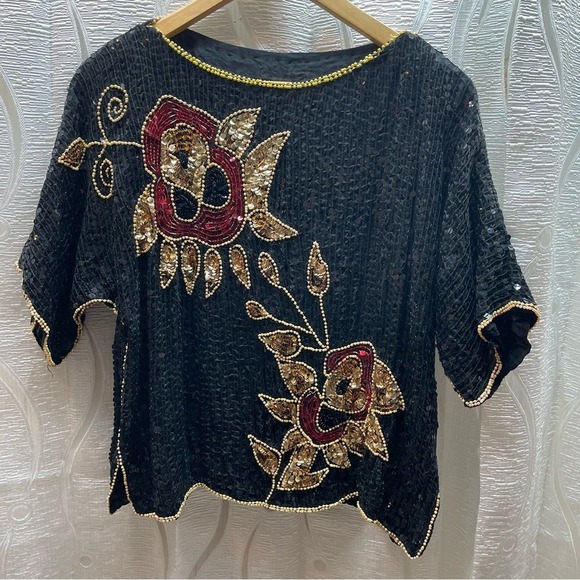 Handmade Tops - Europeen Vintage Black Sequin Floral Embellished Top Blouse